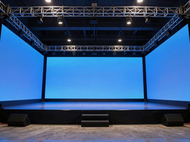 Ultra-wide shot of a massive empty corporate stage with glowing blue LED walls and perfectly aligned metal trusses, dramatic architectural lighting, no people, pristine setup.