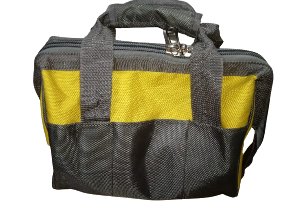 a yellow and gray makeup bag with handle