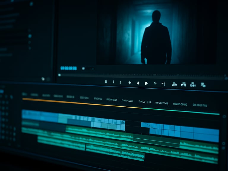 Close-up of a video editing timeline on a monitor screen, color-graded footage visible in the viewer panel, teal and blue tones, monitor glow as the primary light source, tight screen-detail framing