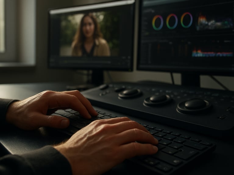 Hands resting on a keyboard in an editing suite, two monitors visible in the background showing video footage and color correction panels, natural daylight from the left, close environmental shot