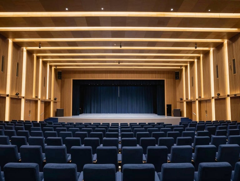 Extreme wide-angle cinematic shot of a massive, empty corporate summit hall in Dubai, architectural lighting casting sharp gold lines on navy blue seating, pristine stage setup before doors open.