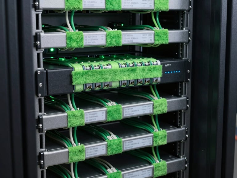 Pristine server rack with color-coded, perfectly bundled cables secured with velcro, clear labels, high-tech lighting