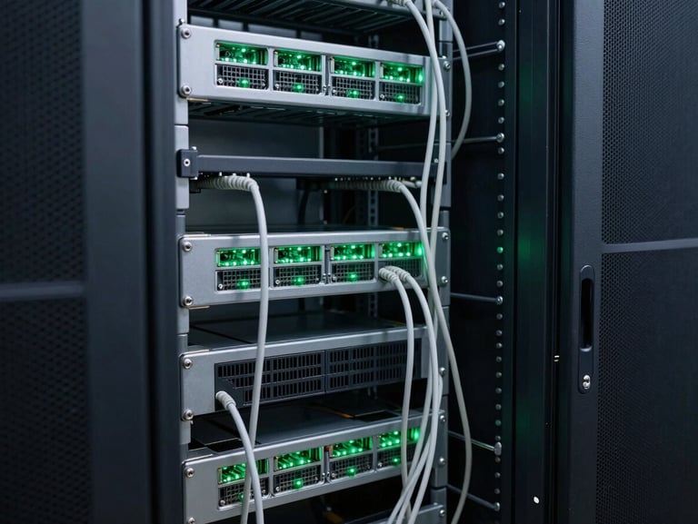 A messy server rack with tangled, unorganized cables hanging loosely, dusty environment, poor maintenance