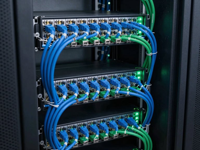 Pristine server room with immaculate structured cabling, perfectly organized blue and green ethernet cables bundled neatly into a black rack, cool technical lighting