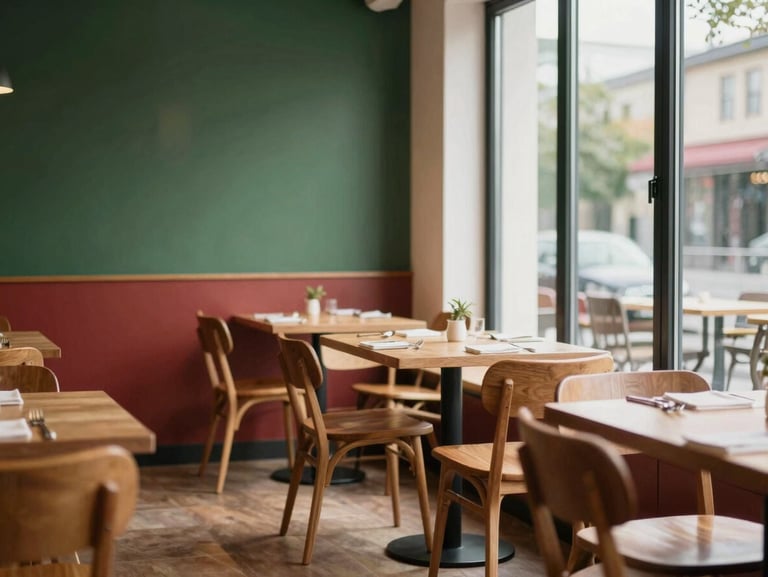 A beautifully lit modern restaurant interior, empty wooden chairs, warm sunlight streaming through a large window, minimalist Scandinavian design