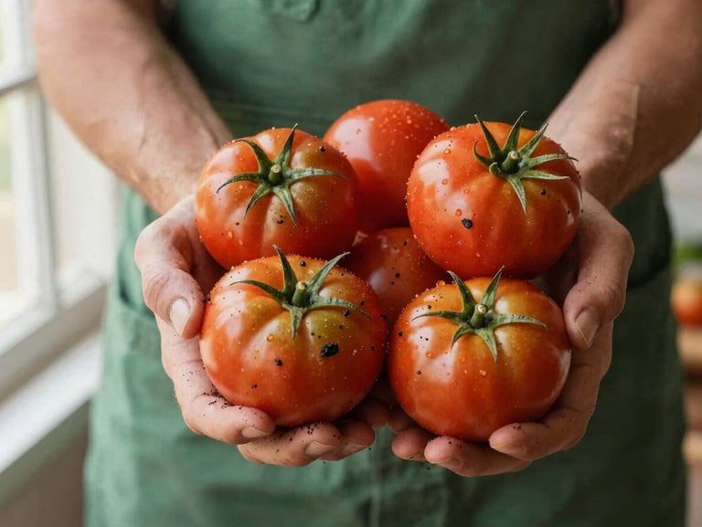 Hands of a local farmer holding freshly harvested organic heirloom tomatoes, soil visible on skin, warm natural light