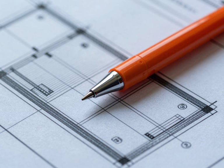 Macro shot of a detailed architectural blueprint with a technical orange pen laying across the structural grid lines, cool slate tones, sharp focus