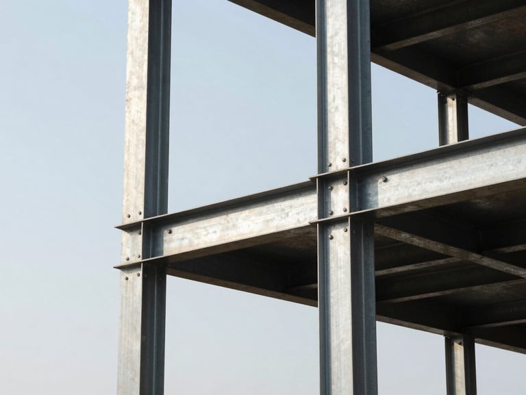 Straight-on architectural elevation of a residential structural steel joint, high-contrast morning site light, crisp details of framing and bolts, negative space on the left.