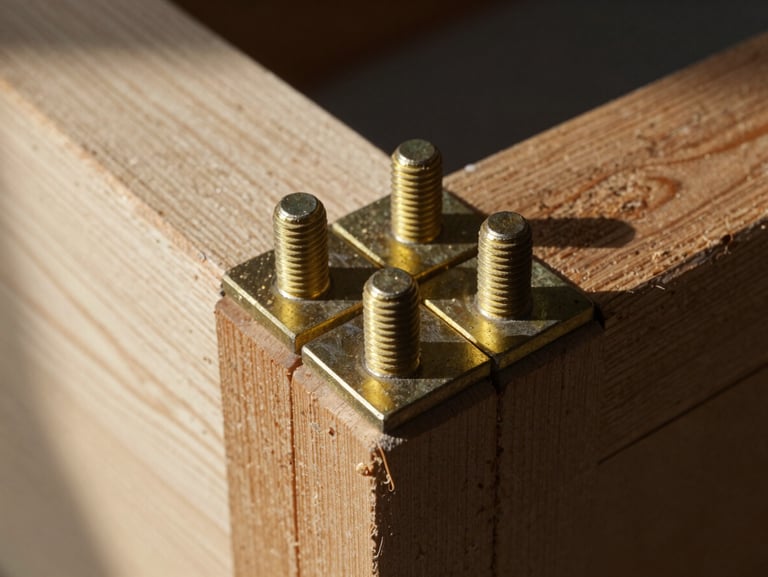 Macro detail shot of a timber joint connection with gold-toned structural steel bolts, natural high-contrast side-lighting.