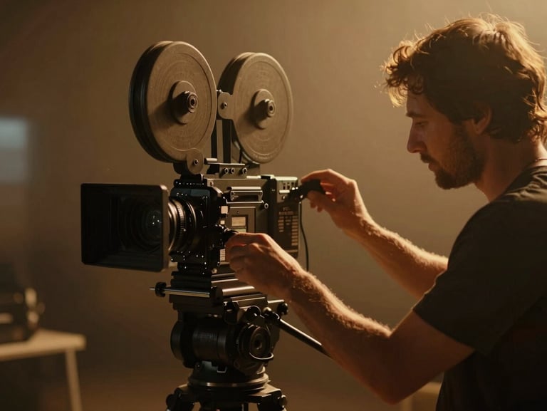 Warm cinematic photography of a film set with a director adjusting a 16mm camera, dramatic low-key shadows, warm amber undertones, 35mm film