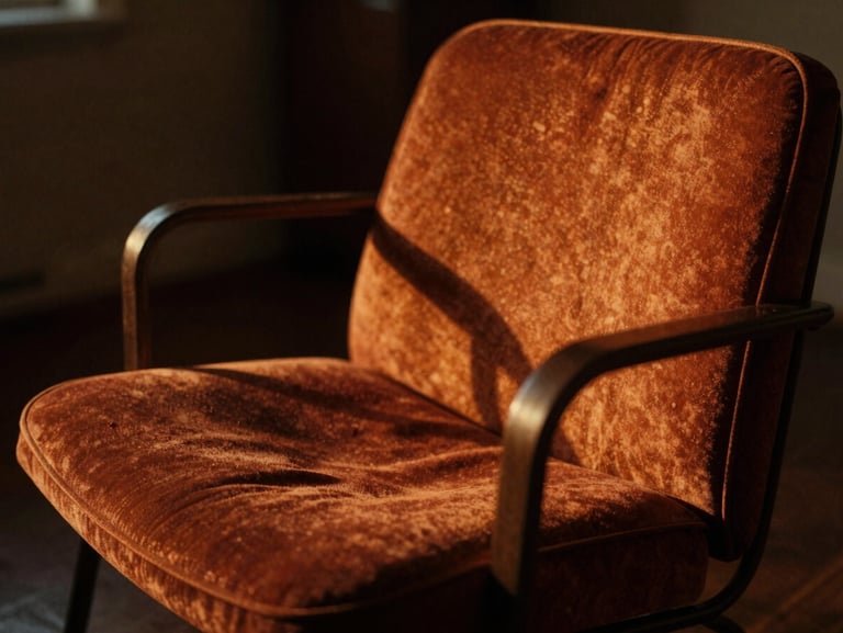 Warm cinematic photography of a mid-century modern chair in dramatic golden-hour side light, rich rust tones, shallow depth of field, 35mm film