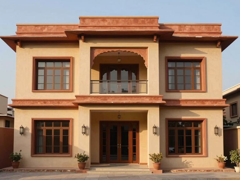 Straight-on architectural elevation of a modern finished villa in Jaipur, terracotta accents, warm afternoon sunlight, sharp details, 35mm lens.