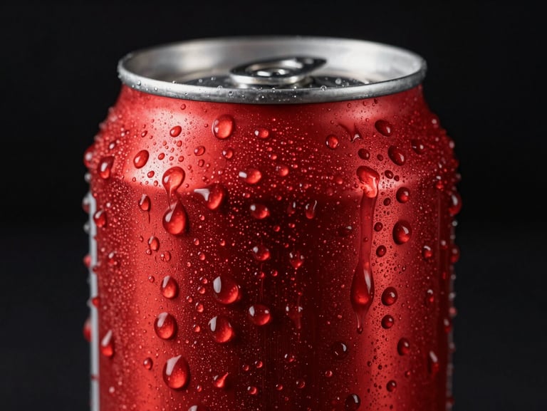 Extreme close-up of a hyper-saturated red soda can dripping with condensation, harsh studio lighting, high contrast black background.