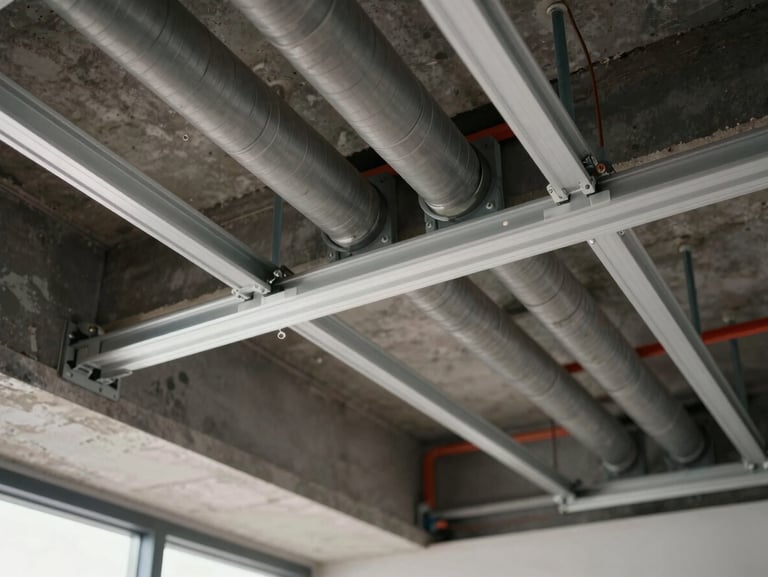 Close-up of a commercial ceiling MEP rough-in—ductwork, conduit, and lighting track running in parallel under a structural slab, photographed in daylight-balanced site conditions, clean and ordered