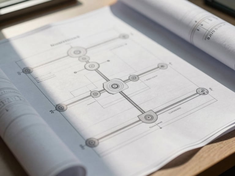 Extreme close-up of a technical project management drawing spread flat on a site table, pencil annotations visible at the margins, natural daylight from an unseen window casting sharp shadows across the blueprint folds