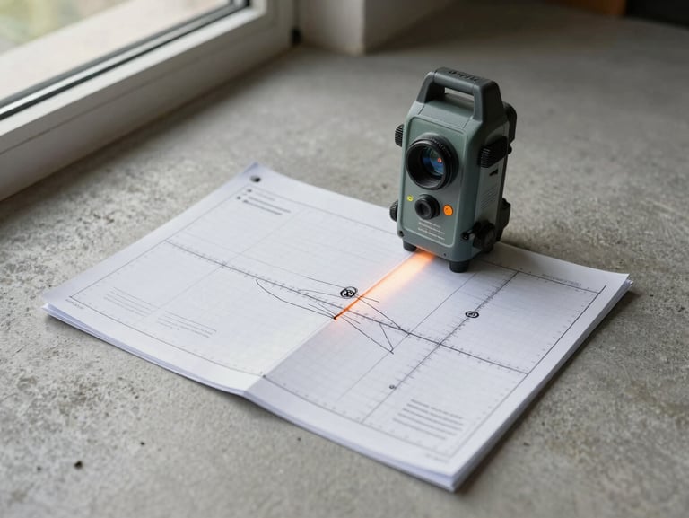 Overhead shot of a laser distance measure placed on a concrete floor beside a hand-annotated site survey sheet, daylight from a high window illuminating measurement marks and grid lines on the document