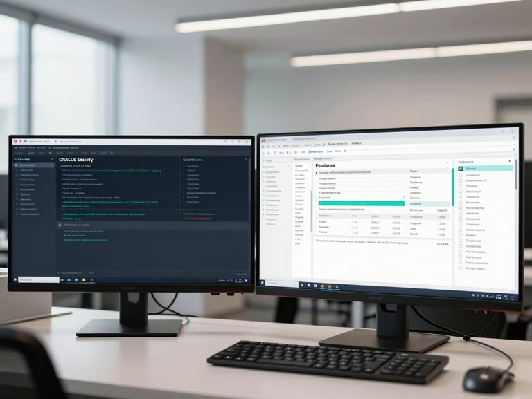A close-up of a dual-monitor workstation displaying complex Oracle security configuration logs and compliance dashboards in a bright, clean corporate office, straight-on architectural angle.