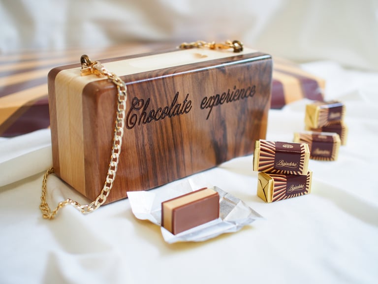 Wooden clutch in a shape of praline