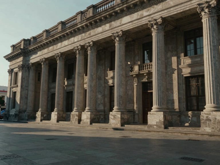 Wide panoramic shot of classical courthouse architecture in Colombia, stone columns, soft afternoon sunlight with deep shadows, quiet and institutional.