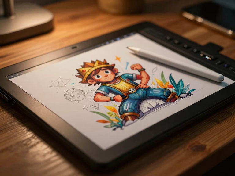 Tight, detailed macro shot of creative tools on a wooden desk, a professional digital sketchpad with a vibrant character illustration draft, a stylus pen resting beside it, warm cinematic golden-hour key light emphasizing depth, shallow depth of field.