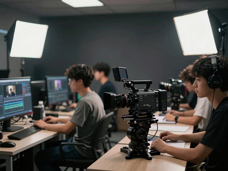 A modern film production classroom with students operating high-end cinema cameras and editing suites, cinematic lighting, shallow depth of field.
