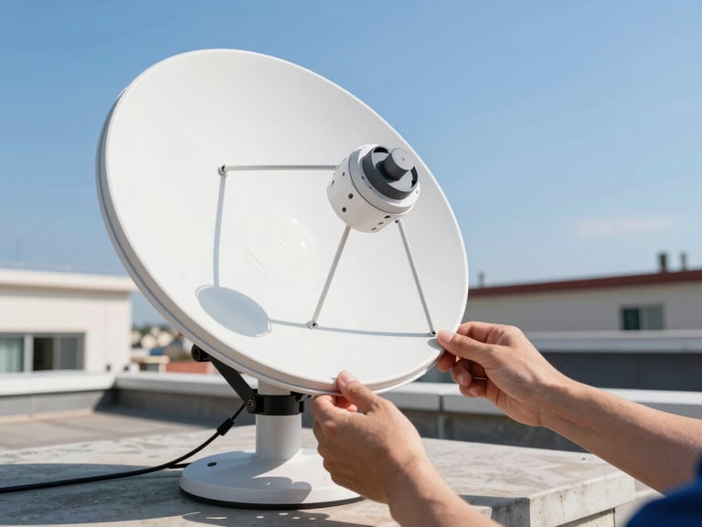 A satellite dish being aligned on a bright sunny rooftop, technician hands adjusting the bracket, blue sky background