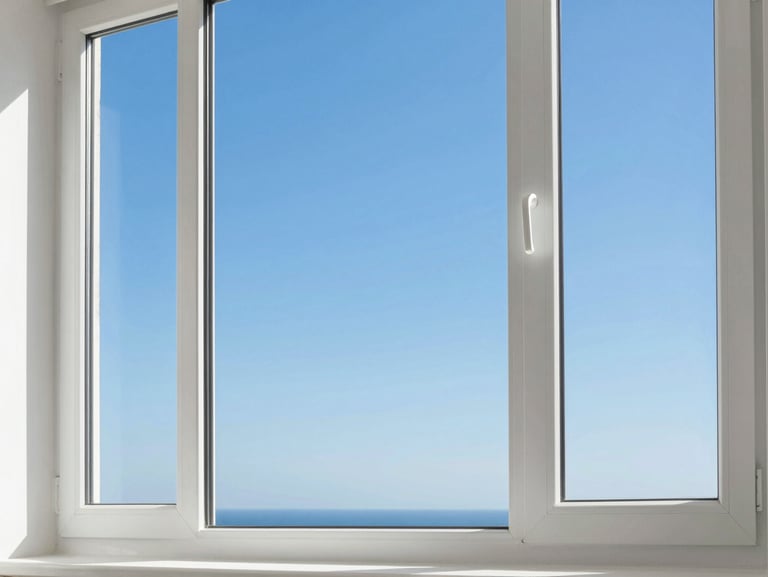 Sparkling clean window frame overlooking bright coastal blue sky, crisp sunny daylight