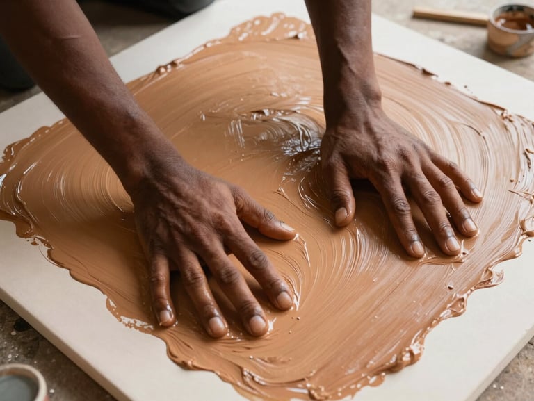 Close overhead framing of hands pressing pigment into a large canvas on the floor of a Dakar studio, warm north-facing daylight, ochre and sienna paint visible mid-stroke, textures vivid