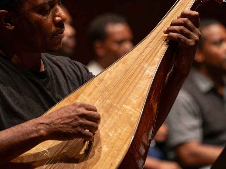 Intimate close-up of a kora player's hands in motion during a live performance, golden stage light raking across the strings, blurred audience in deep background, Abidjan concert hall