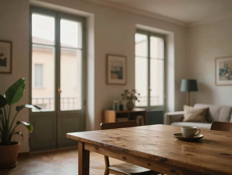 Bright, accessible apartment interior in Bologna, large windows with soft daylight, comfortable wooden table, warm domestic atmosphere.