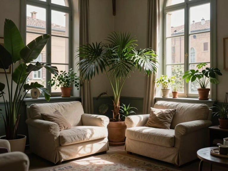 Un luminoso soggiorno domestico nel quartiere Savena a Bologna, con poltrone confortevoli, piante verdi rigogliose e ampie finestre che lasciano entrare luce naturale.