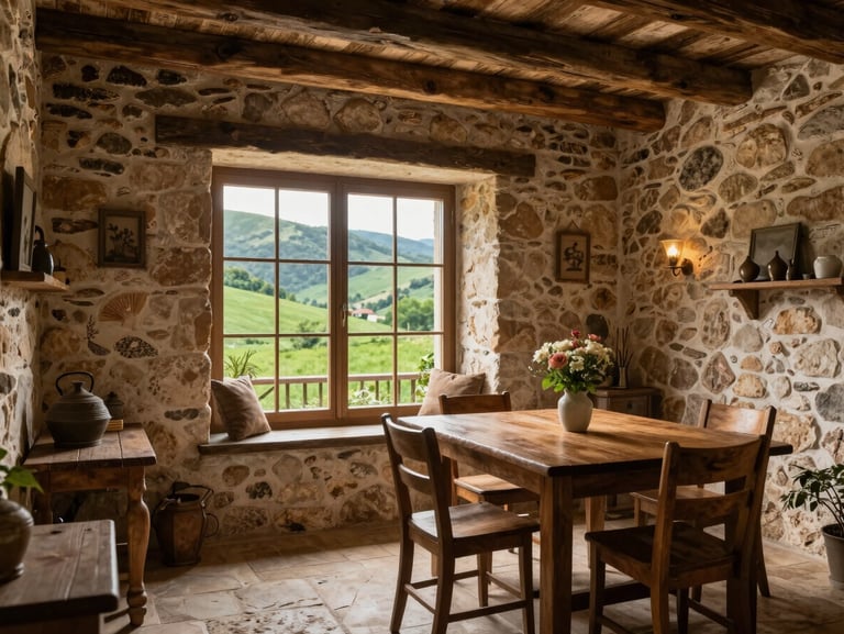 Cozy countryside stone house interior in Loiano, views of green hills through a wide window, peaceful and warm rustic dining area.