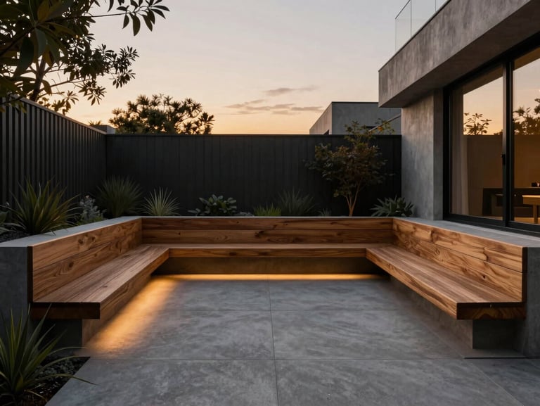 Hyper-realistic architectural 3D render of a modern minimalist backyard transformation, sleek concrete patio, built-in cedar benches, dramatic twilight lighting, 35mm