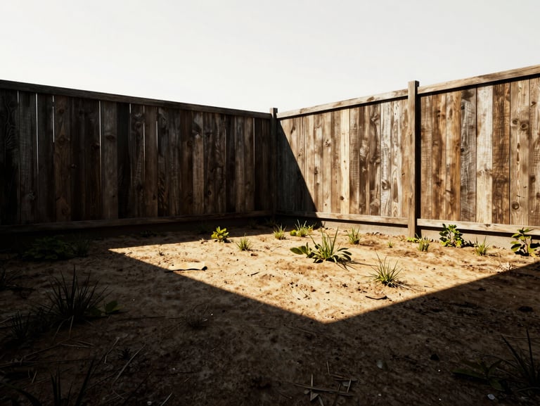 High-contrast architectural render of a sloped dirt backyard, patchy weeds, weathered wooden fence, harsh midday sun, 35mm