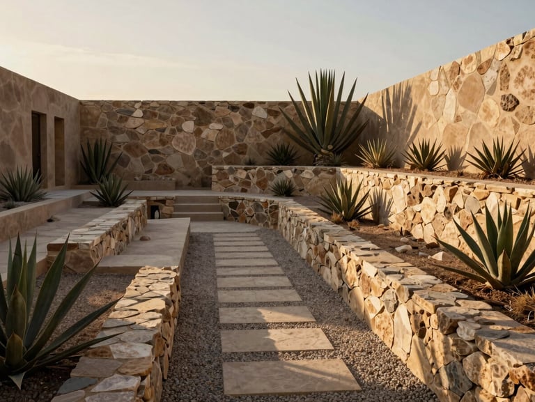 Hyper-realistic architectural 3D render of a desert sanctuary backyard transformation, multi-tiered stone retaining walls, gravel pathways, architectural agaves, golden-hour light, 35mm