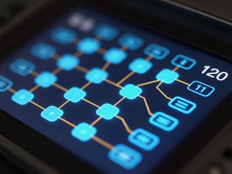 Macro shot of a dark digital dashboard with glowing neon blue data nodes and gold connection lines.