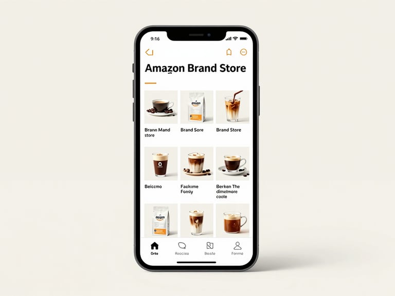 Mockup of an Amazon Brand Store on a smartphone screen, showcasing clean grid layouts and high-converting visual assets for a coffee brand