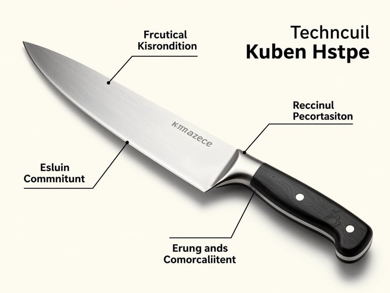 Amazon infographic slide for a professional kitchen knife, highlighting technical features and ergonomic design with precise callouts