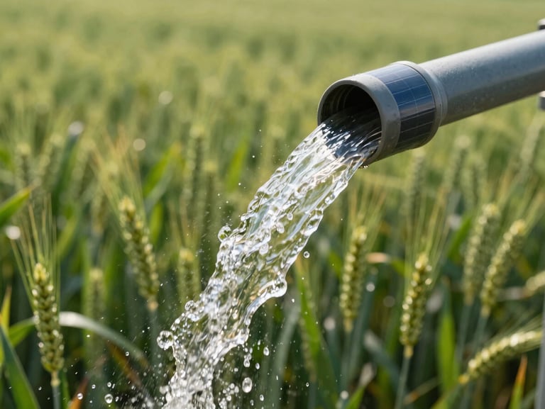 Close-up shot of clean, gushing water flowing rapidly from a solar-powered irrigation pipe into a vibrant green wheat field, bright daylight, water droplets glistening in the sun.