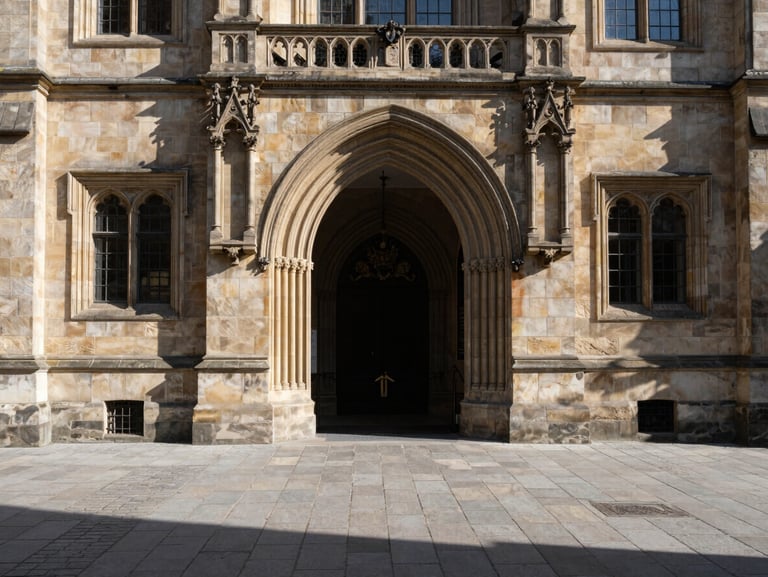 Exterior facade of Charles University in Prague, Gothic stone archway entrance, midday natural light, empty courtyard with stone paving, no people, architectural documentary framing