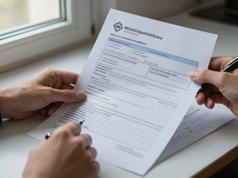 Close-up of a student's hands reviewing printed cost documents and a Czech residence permit form on a desk, natural window light from the left, a pen resting on the page, documentary detail shot