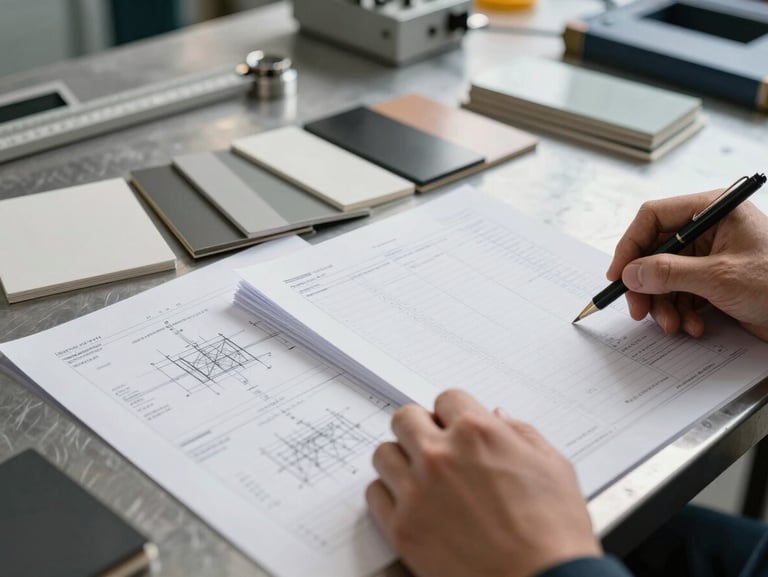 Close-up of hands reviewing printed specification sheets and material samples spread across a metal worktable under bright industrial overhead lighting, engineering drawings and measurement tools visible, mid-task, no faces