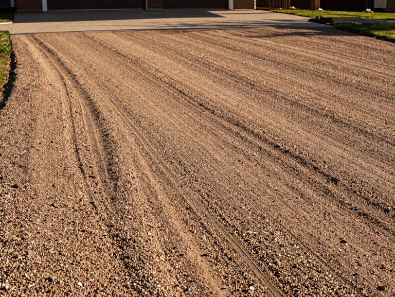 The same driveway, perfectly graded, packed with crushed run gravel, sloped for runoff, warm sunlight, sharp focus