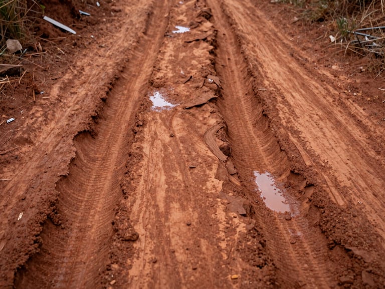 Washed-out, deeply rutted red clay driveway with severe rain erosion and water puddles, overcast light, realistic outdoor shot