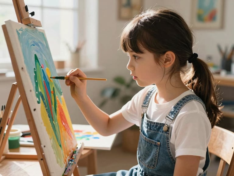 A young girl in a creative state, focused on painting a vibrant canvas in a sunlit studio, natural expressions of concentration. Bright, natural daylight.
