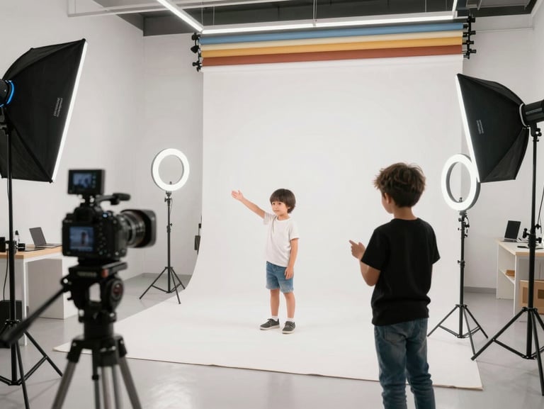 Wide shot of a professional content creation studio with cameras, ring lights, and a child creator presenting confidently, bright modern setup.