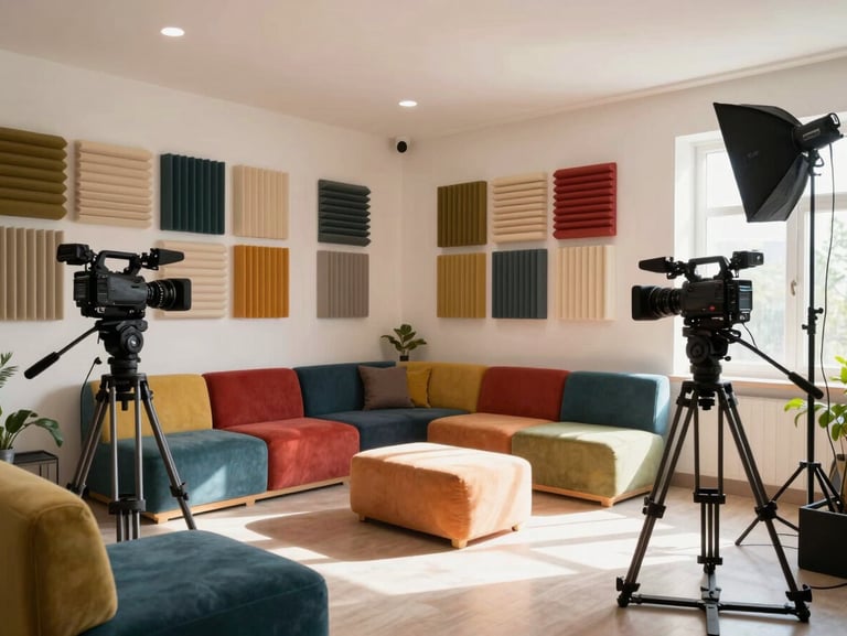 Bright modern interior of CREO Studio in Gandhinagar, Jammu, featuring acoustic wall panels, colorful soft seating, and professional video cameras on tripods. Bright, natural daylight mixed with professional studio key lights.