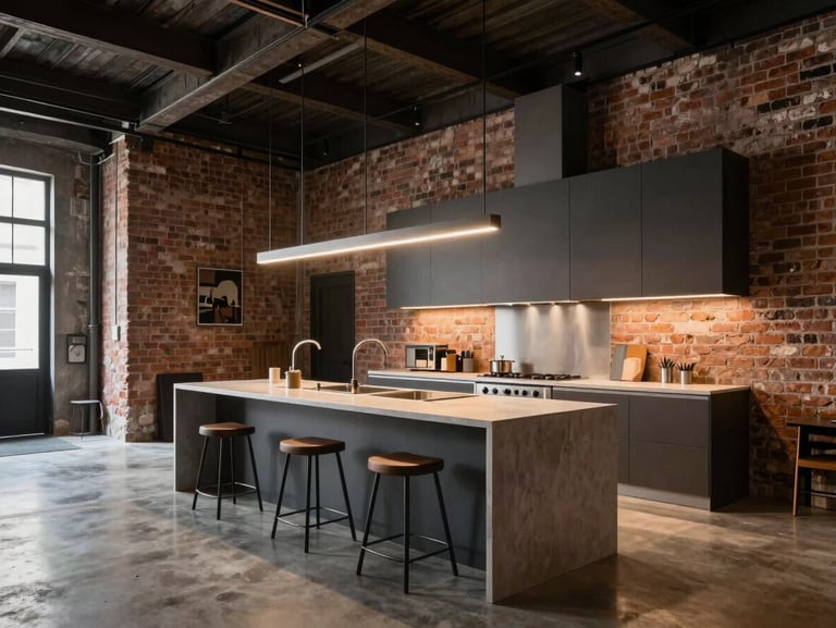 Modern industrial loft interior with exposed brick walls, concrete floors, high ceilings, and warm designer lighting highlighting a sleek kitchen island.