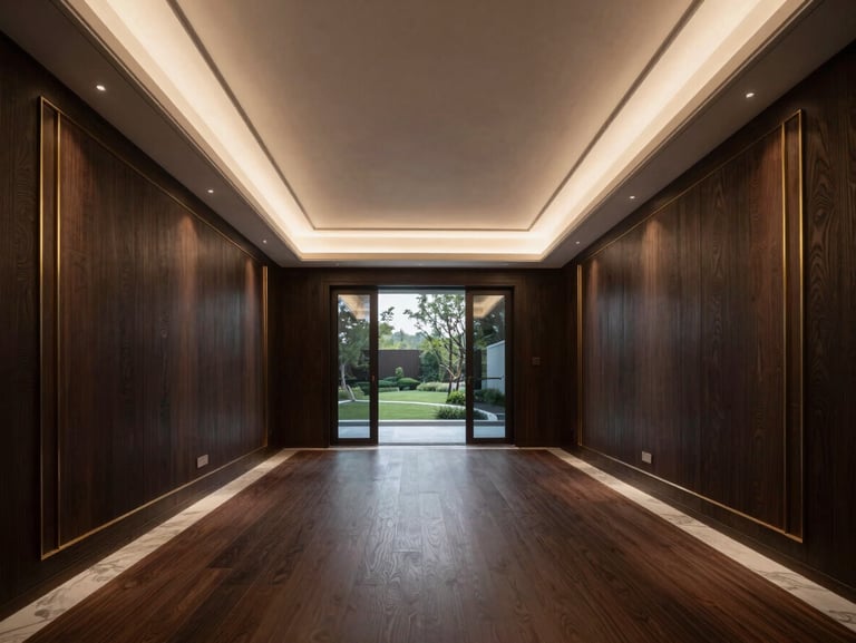 One-point perspective of a luxury residential villa living room, featuring seamless dark oak walls, custom recessed brass detailing, and low-key twilight lighting.