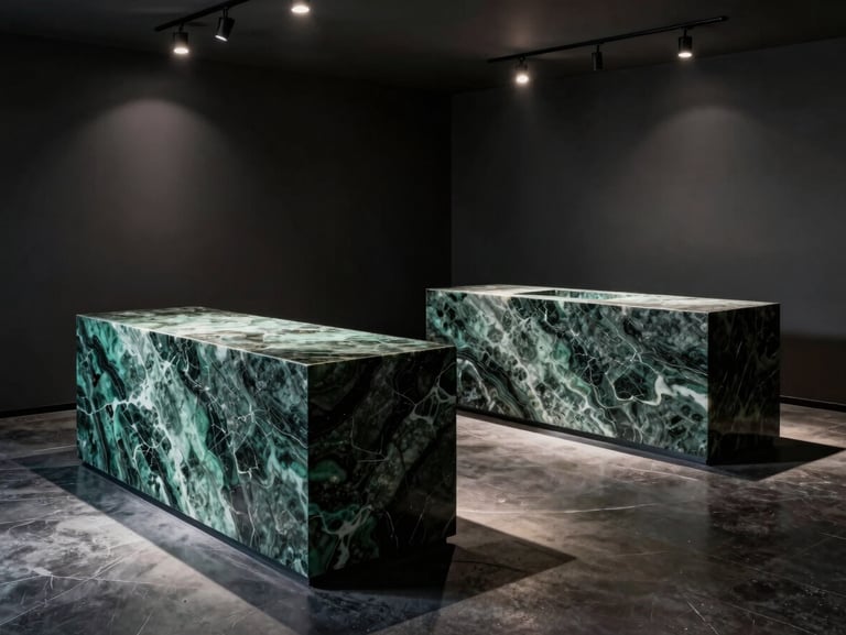 A moody, minimalist commercial showroom with emerald quartzite counters, dark stone flooring, and dramatic architectural spotlights casting sharp shadows.